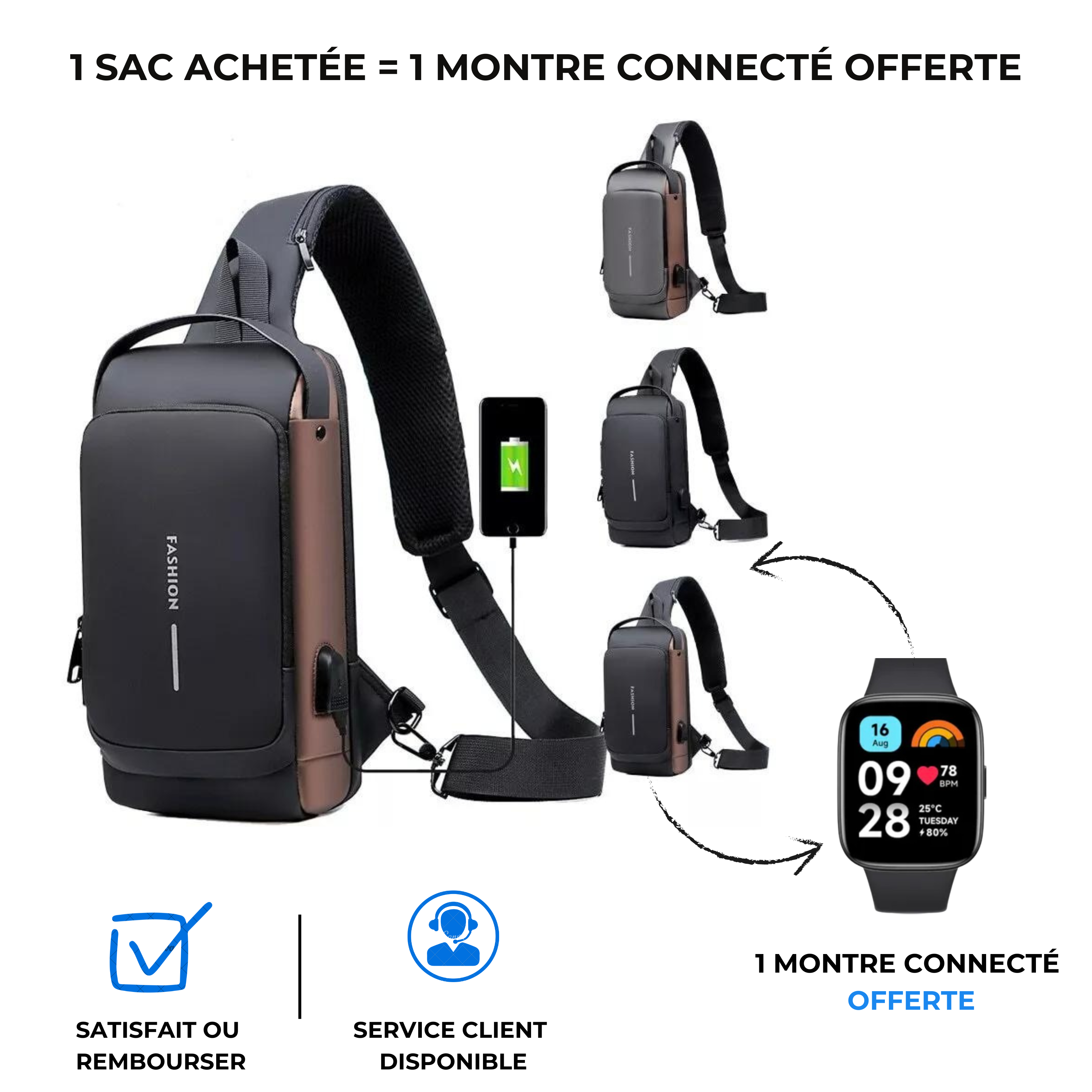 Sac à bandoulière avec port de charge USB ( 1 sac achetée = 1 Ecouteur powerbank offert)