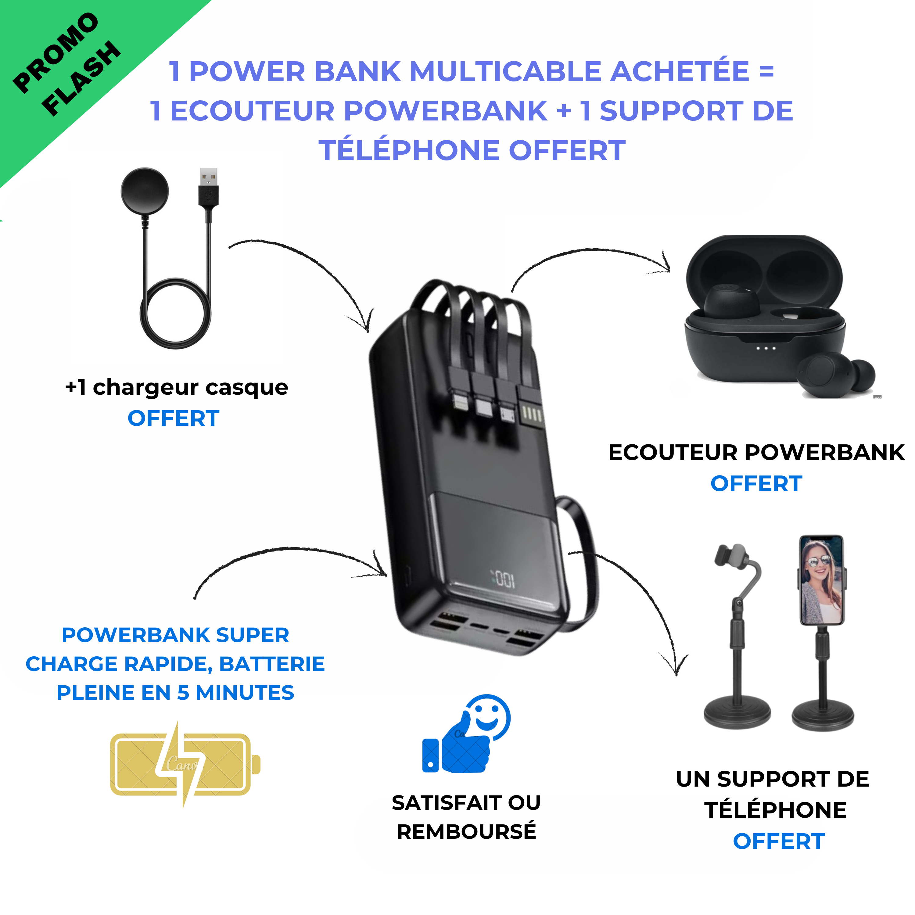 Powerbank CIV +Ecouteur powerbank + support de téléphone