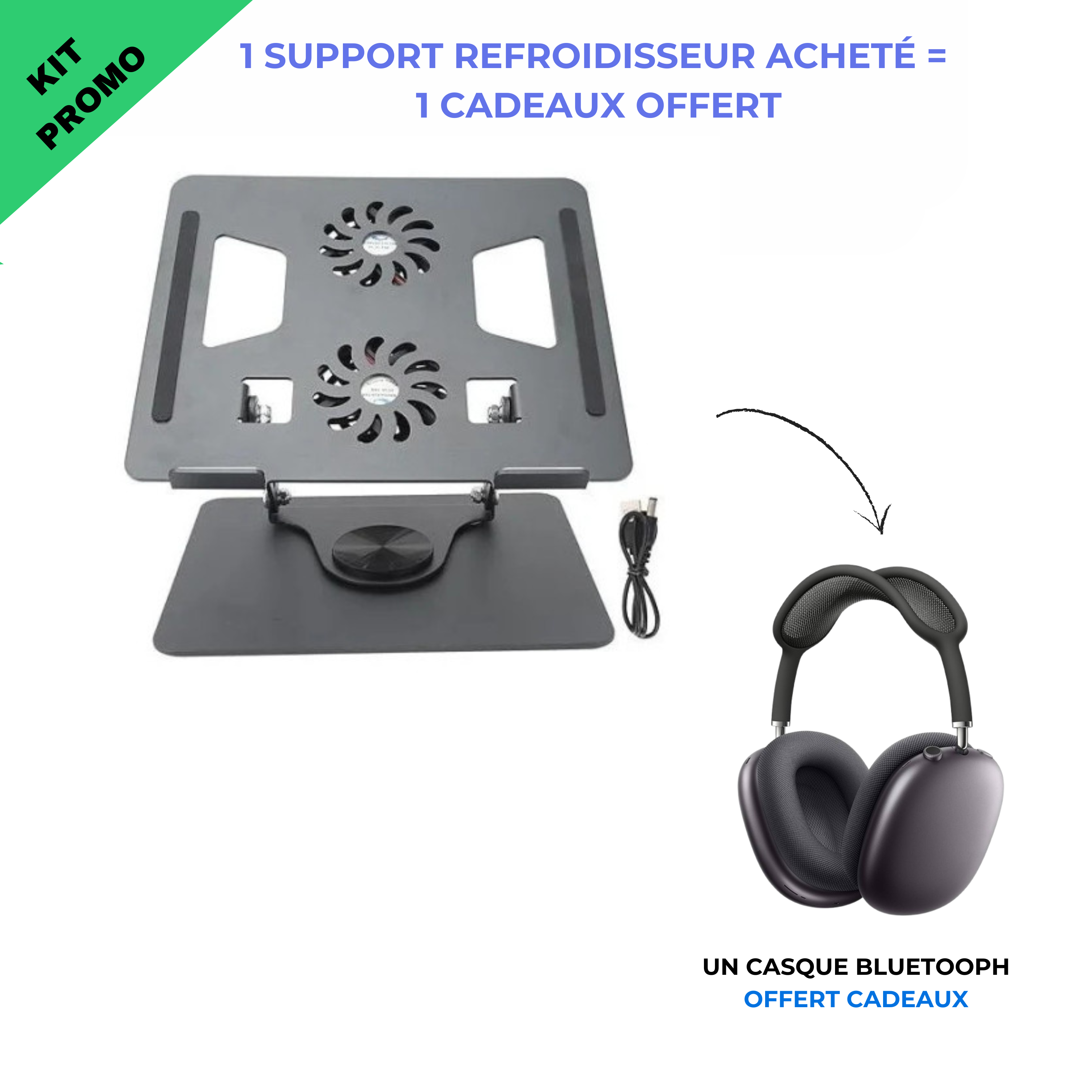 Support de pc  avec refroidissement + Casque bluetooph offert