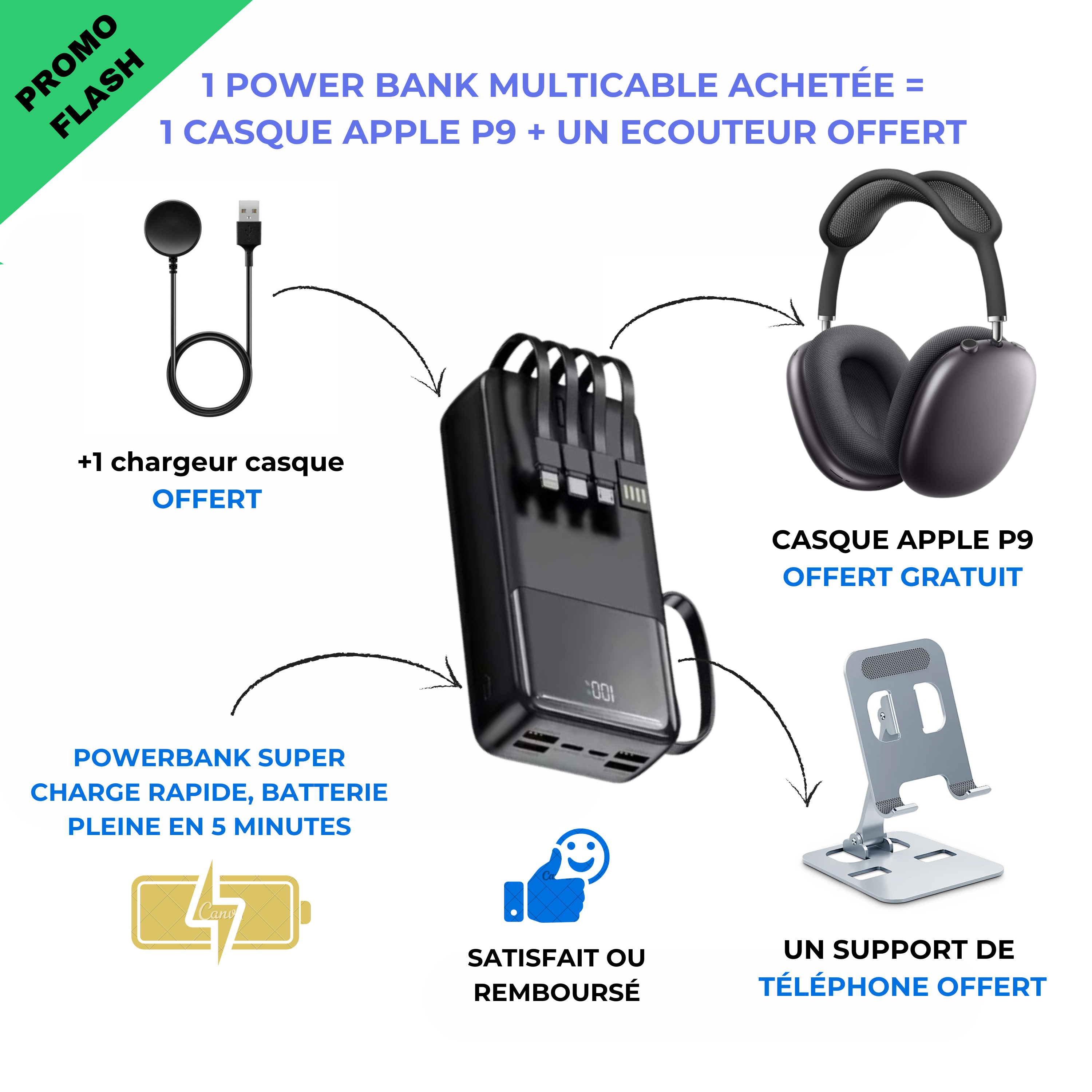 Powerbank + Casque Bluetooth + support de téléphone