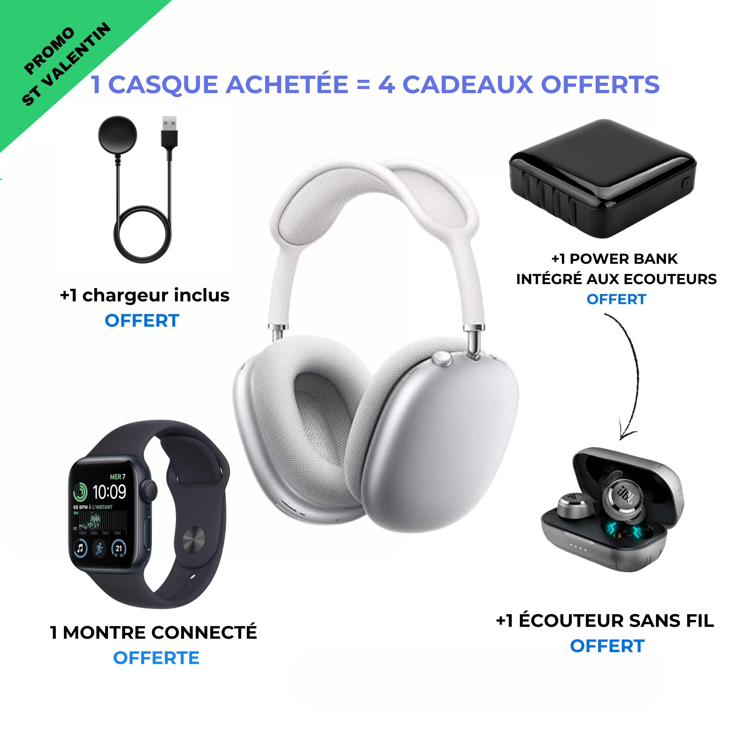Casque apple P9 + un ecouteur powerbank offert + une montre connecté FB