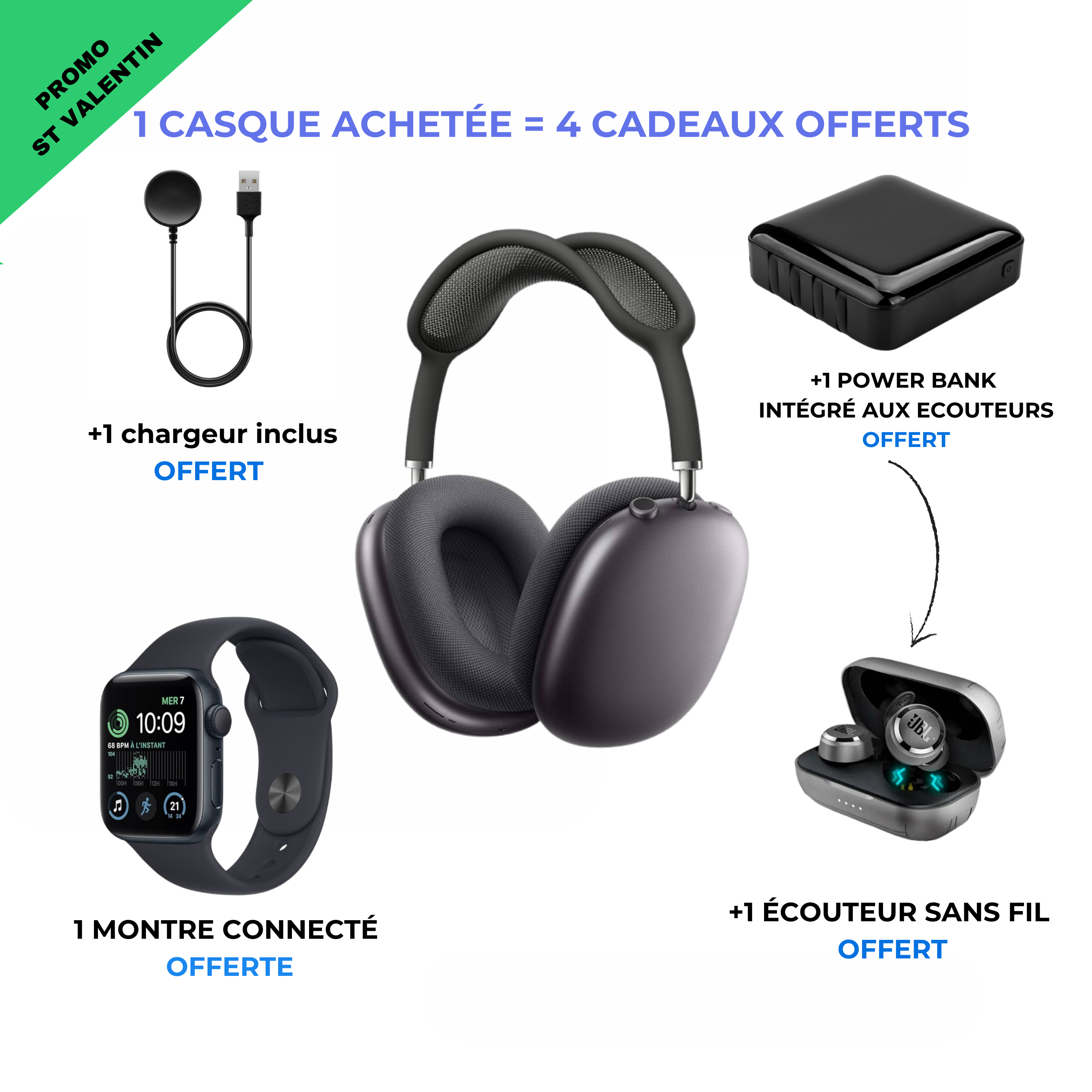 Casque apple P9 + un ecouteur powerbank offert + une montre connecté FB