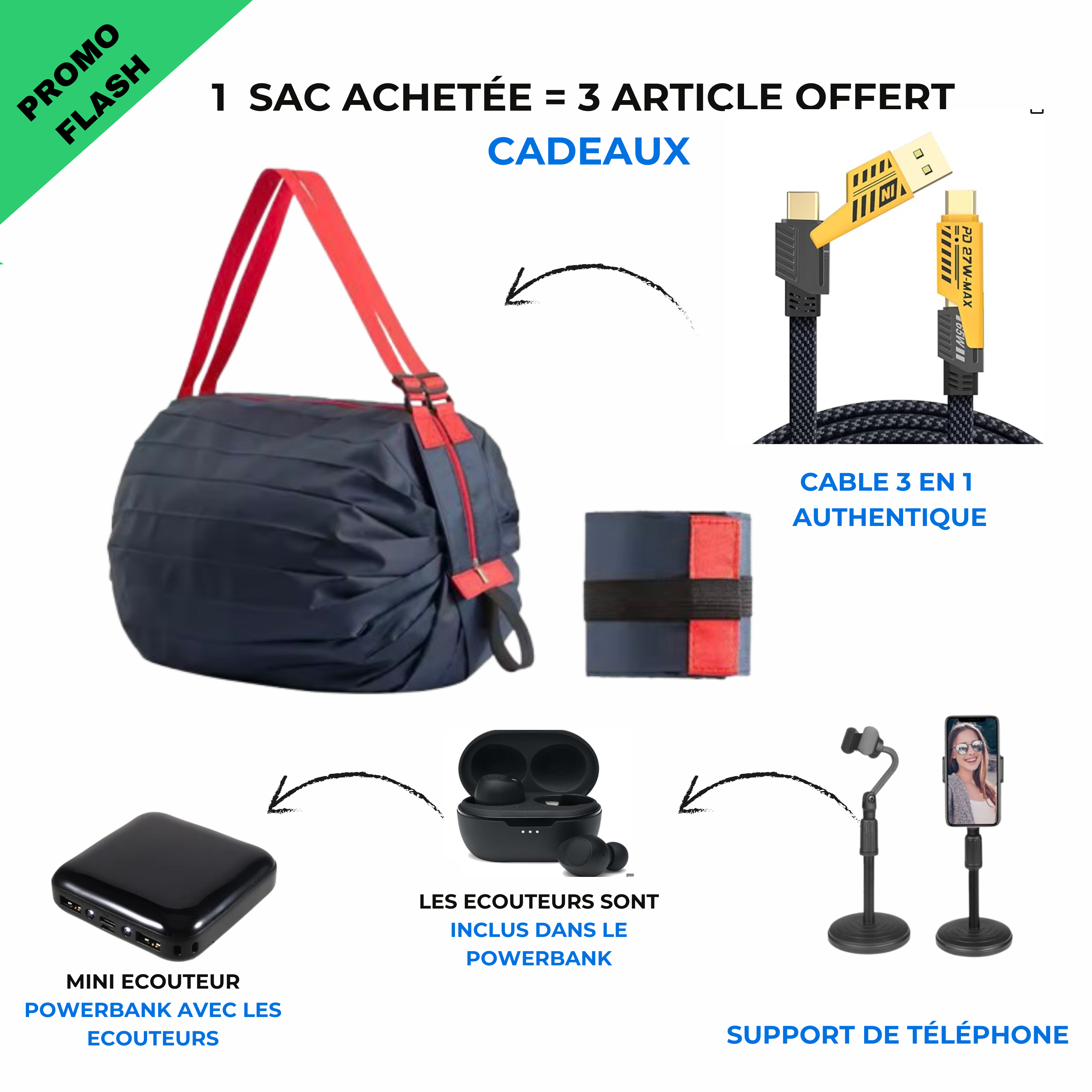 sac de rangement pliable + cable 3 en 1 + support de téléphone