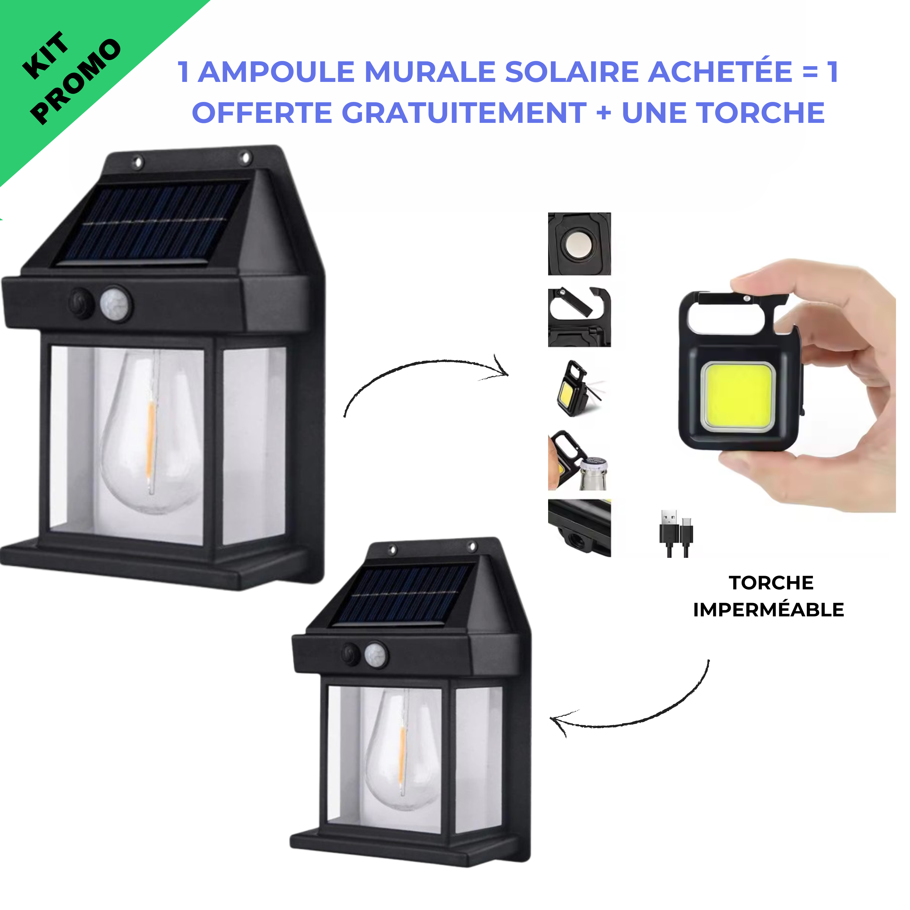 2 Ampoule murale solaire + torche imperméable