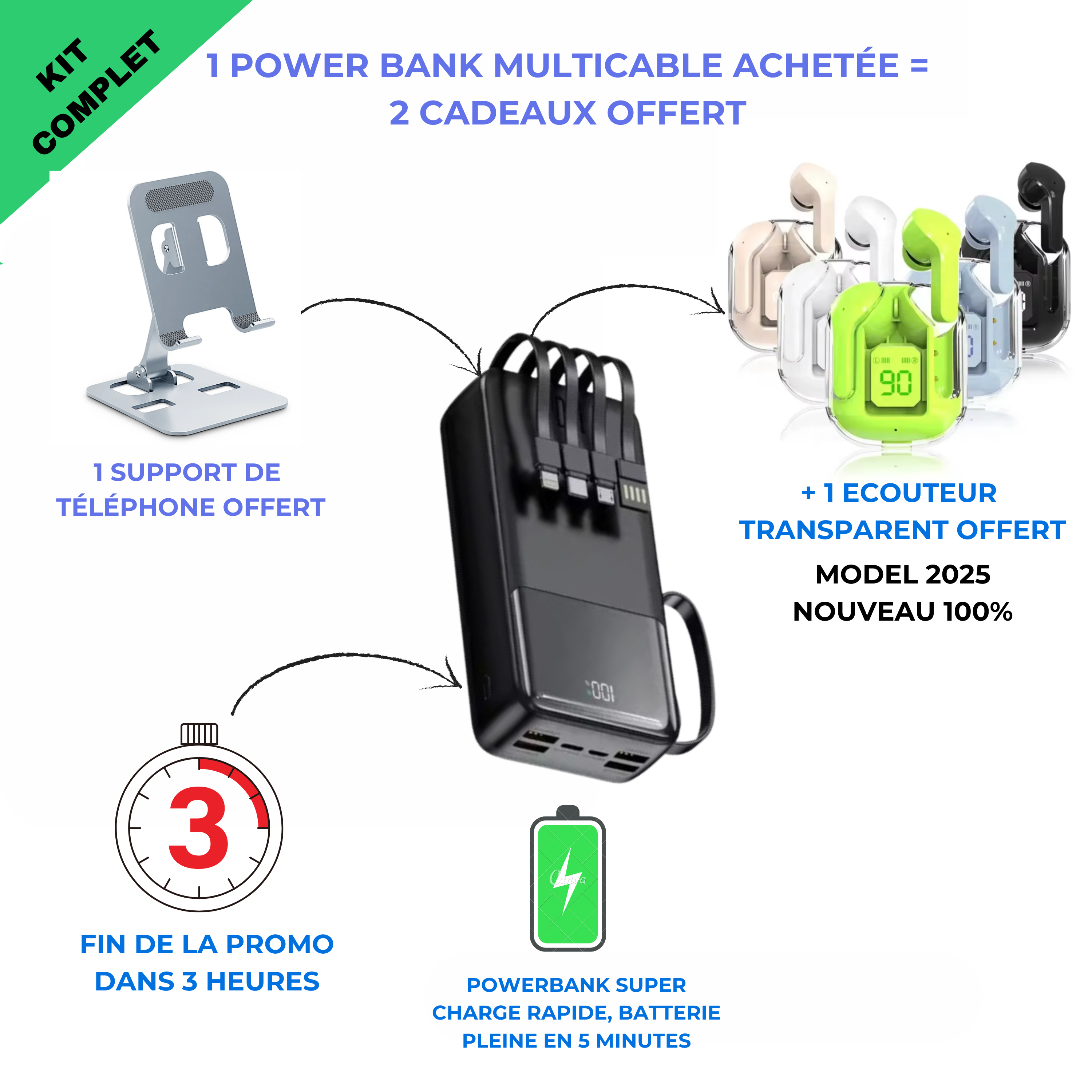 Powerbank + Ecouteur GAB + un support de téléphone