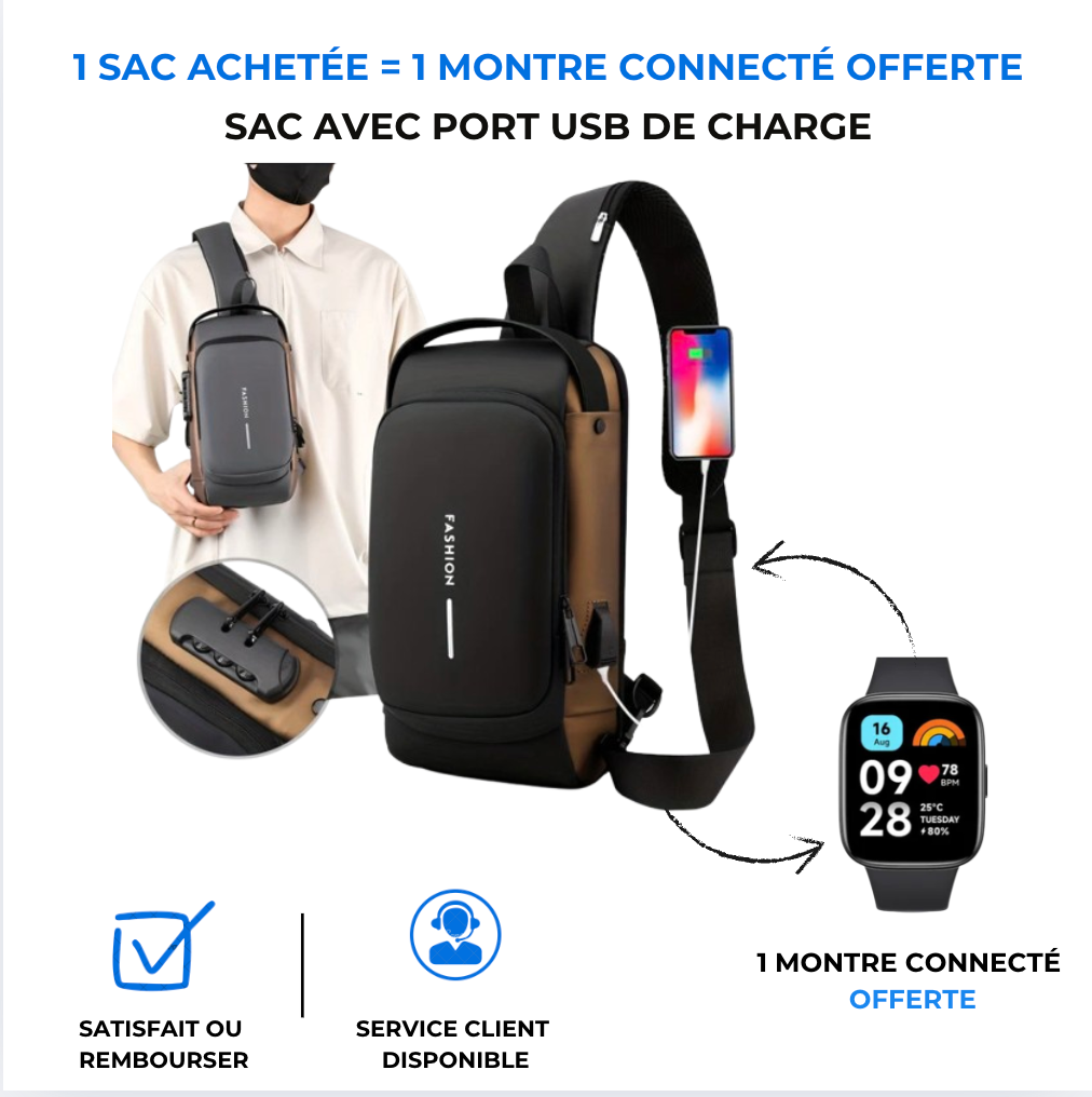 Sac à bandoulière FB avec port de charge USB ( 1 achetée = 1 montre connecté offerte )
